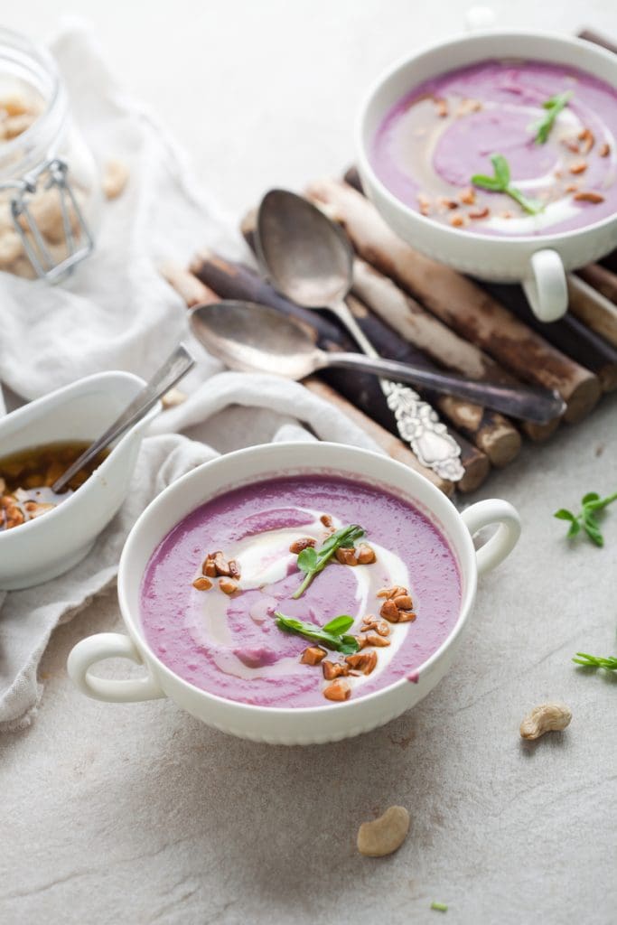 Purple sweet potato soup! Try this gut healthy purple sweet potato recipe today!