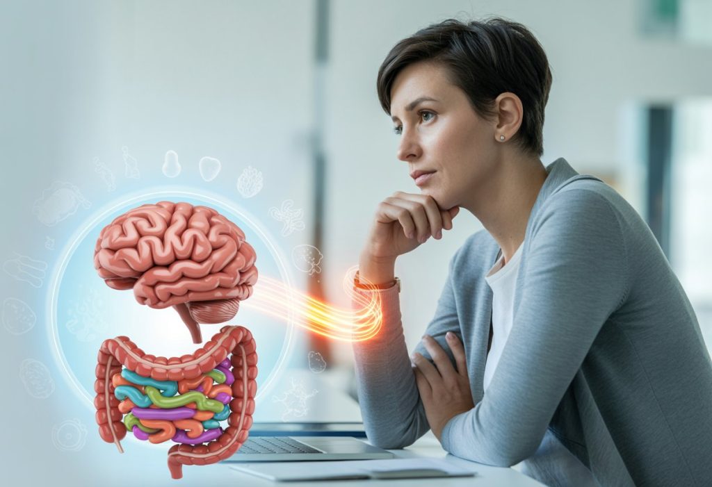 A person sitting thoughtfully at a desk with a glowing visual connection between their brain and gut, symbolising the link between the microbiome and focus. Gut-Brain Connection