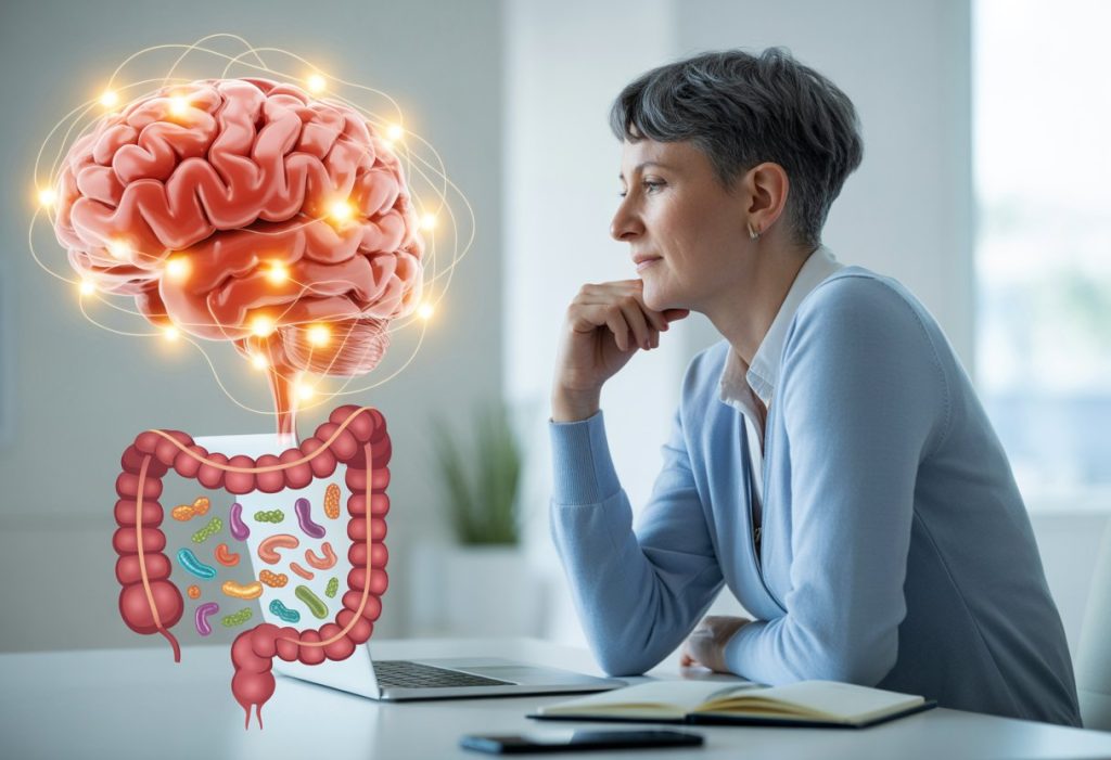 A person concentrating at a desk with a digital overlay showing a brain connected to a stylized gut microbiome.