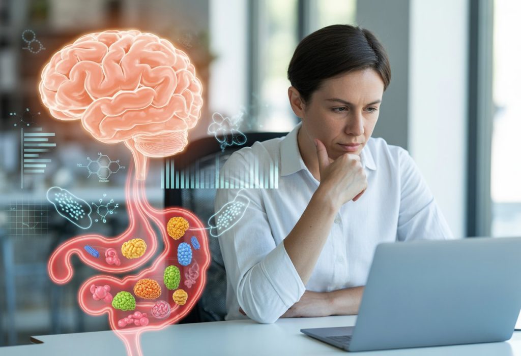 A person working thoughtfully at a desk with a digital illustration showing connections between the brain and gut in the background.