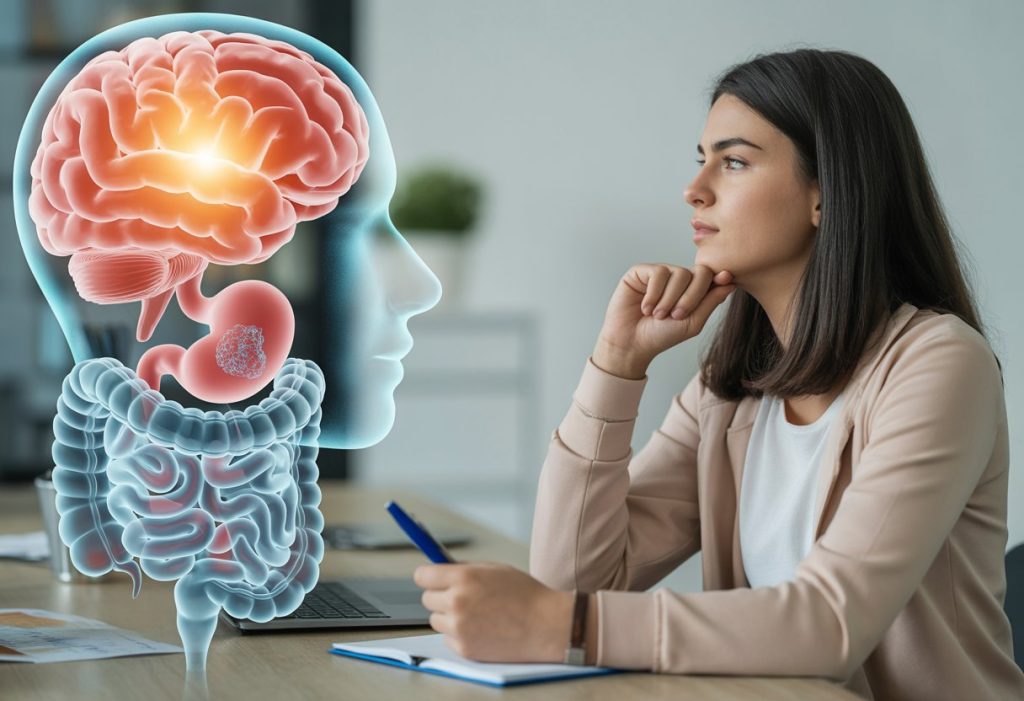 A young adult sitting thoughtfully at a desk with digital illustrations of a brain and digestive system interconnected in the background.
