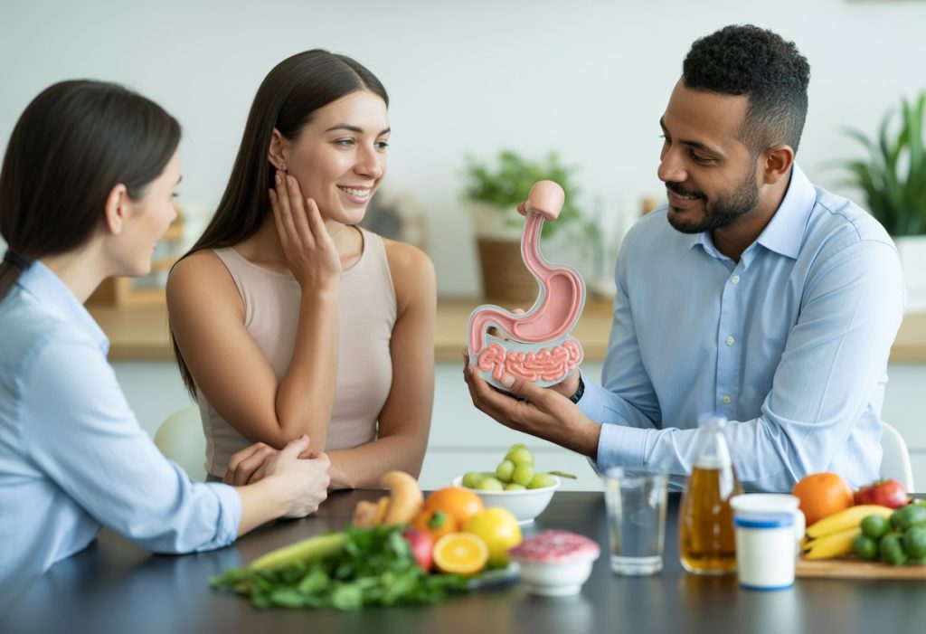 Three adults sitting at a kitchen table with fresh fruits and probiotic foods, discussing gut and skin health.