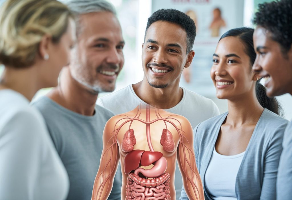A group of healthy adults with clear skin smiling together, with a transparent illustration of the digestive system and skin layers overlayed in the foreground.