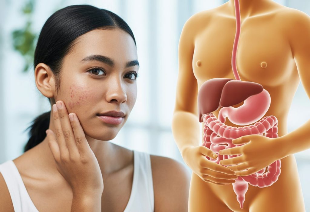 A young woman with clear skin touching her face next to an illustration of the human digestive system highlighting the gut.