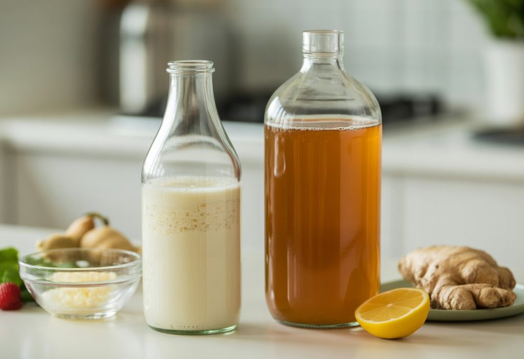 Two glass bottles on a kitchen countertop, one with white kefir and the other with amber kombucha, surrounded by kefir grains, fresh berries, a kombucha SCOBY, lemon slices, and ginger root.