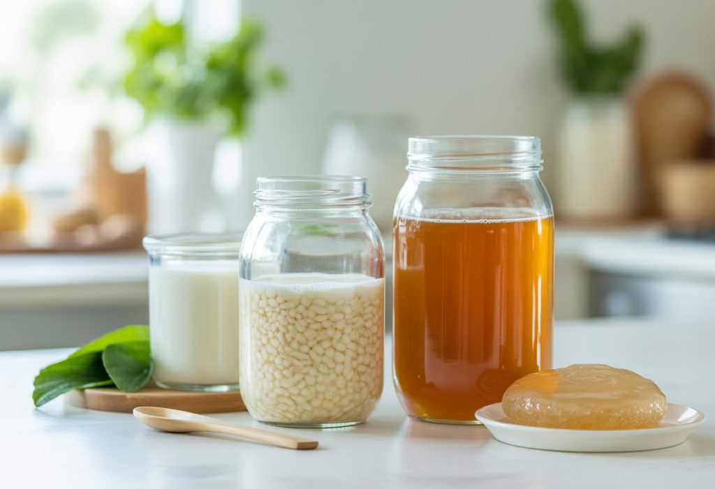 Two glass jars on a kitchen countertop, one with white kefir grains in milky liquid and the other with amber kombucha tea and a SCOBY, surrounded by fresh ingredients.