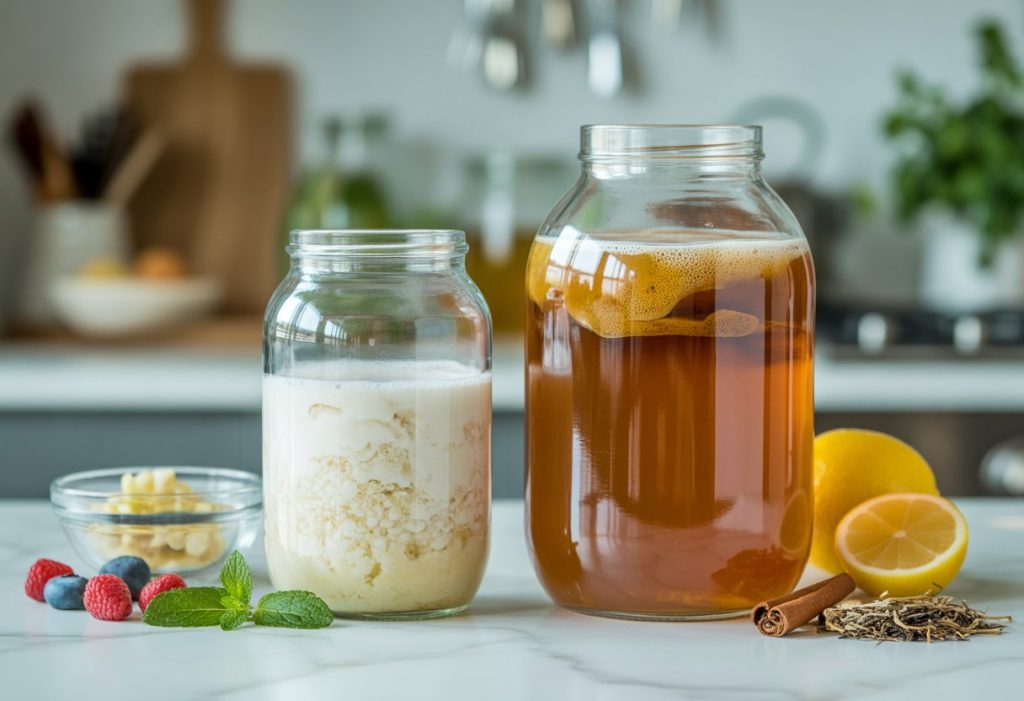 Two clear jars on a kitchen counter, one with white kefir and grains, the other with amber kombucha and a SCOBY, surrounded by fresh ingredients like berries, mint, tea leaves, lemon, and cinnamon.