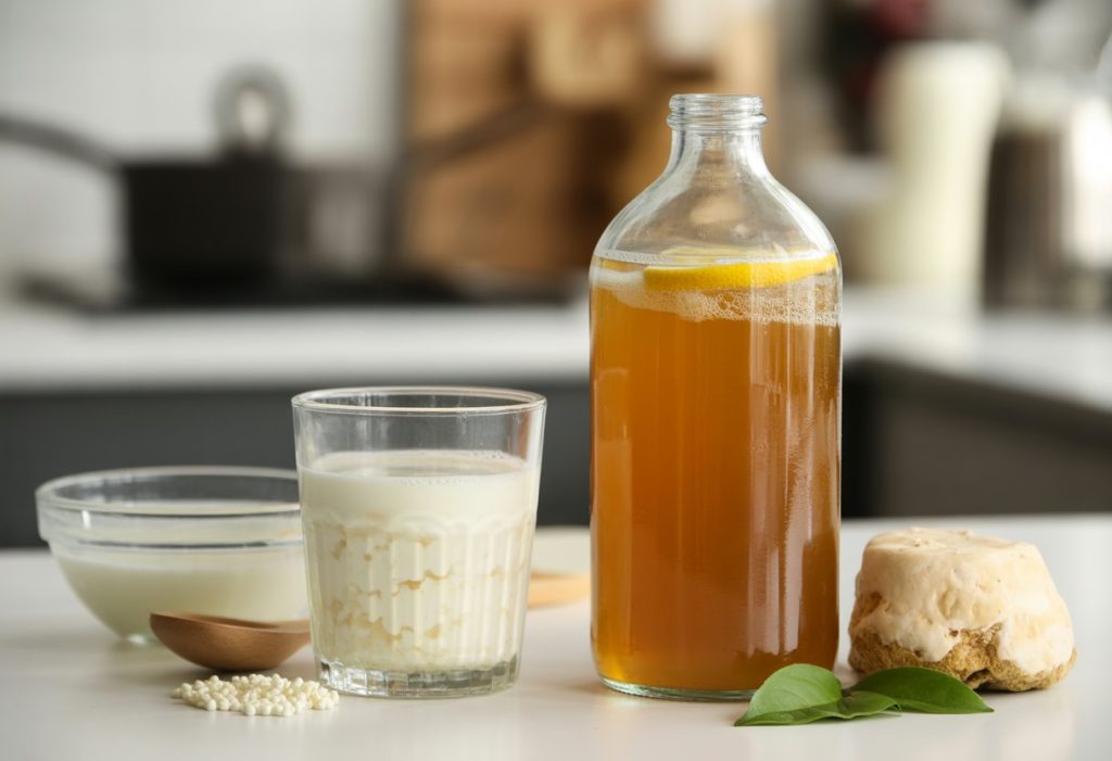 Two glasses on a kitchen countertop, one with white kefir and the other with amber kombucha, surrounded by related ingredients like kefir grains and tea leaves.