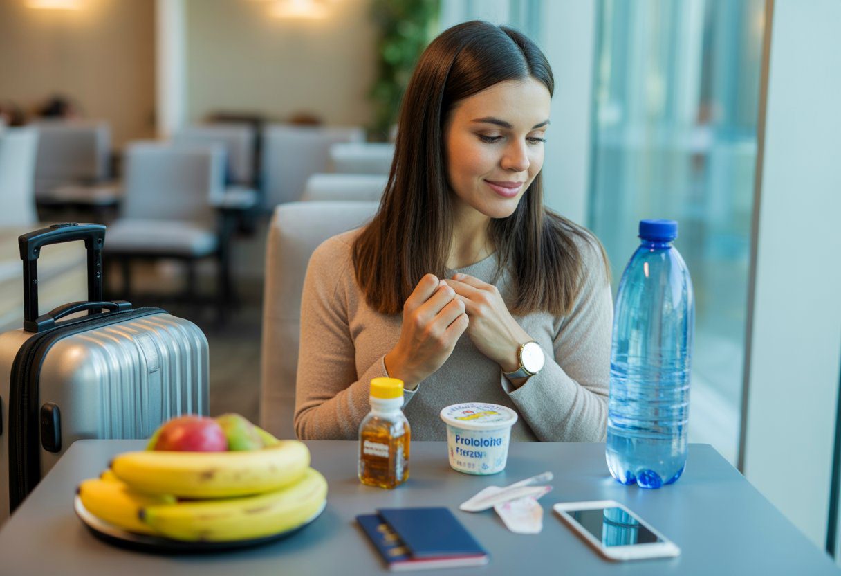 A woman sitting in an airport lounge with healthy snacks and travel essentials, preparing for a trip.