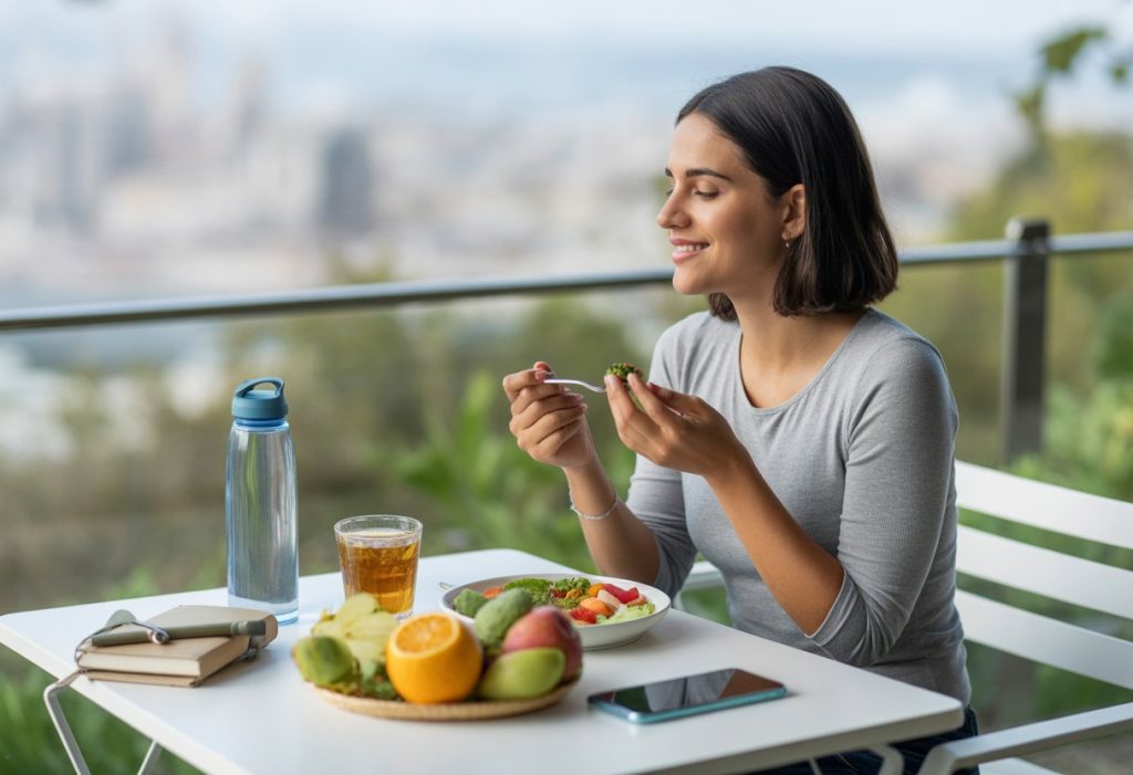 A young woman sitting at an outdoor café table, enjoying a healthy meal with fresh fruit and herbal tea, surrounded by travel items.