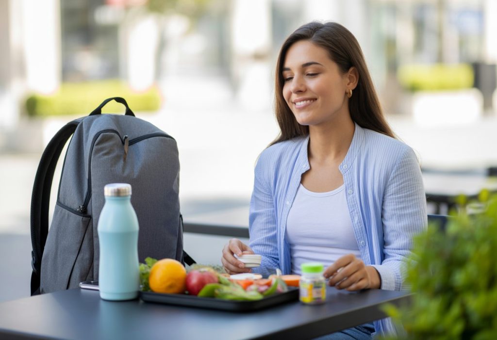 A young woman with a sensitive gut sitting at an outdoor café table with healthy food and travel items, looking relaxed and comfortable.