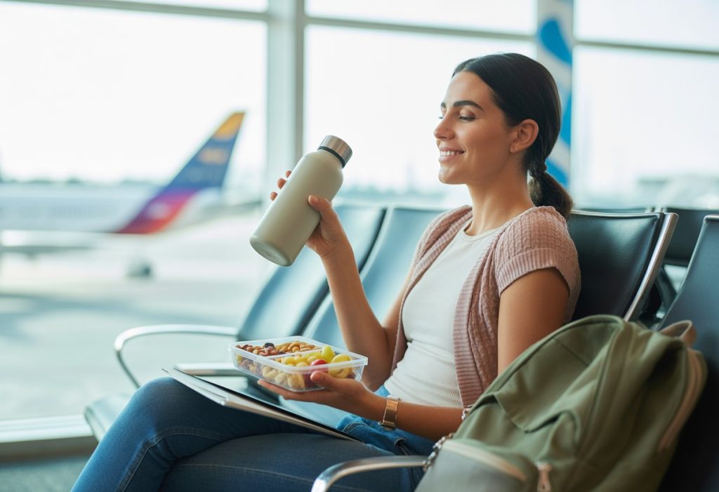 A young woman with a sensitive gut sitting in an airport lounge with a water bottle and healthy snacks, looking relaxed and ready for travel.
