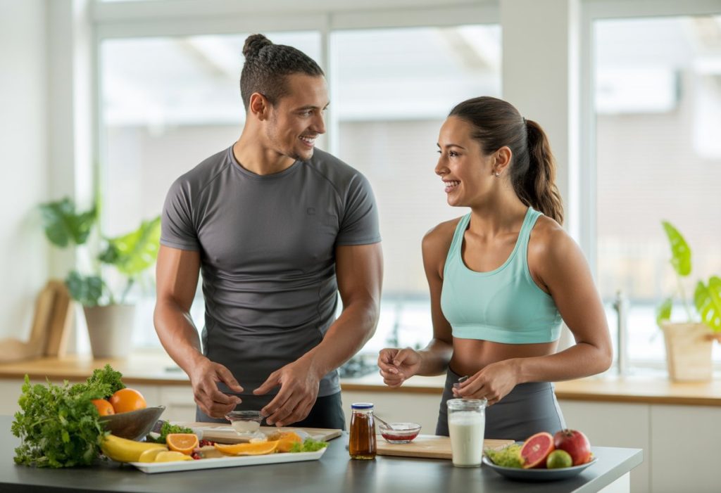 A fit man and woman preparing healthy meals with fresh fruits, vegetables, and probiotic foods in a bright kitchen.