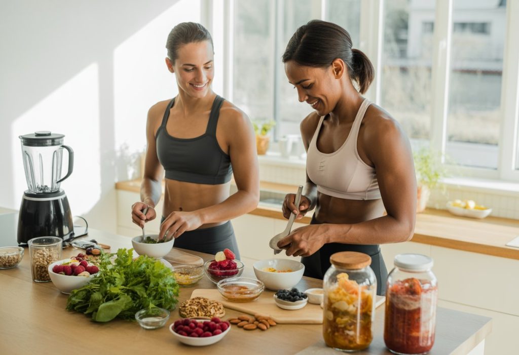 Athletic women preparing a healthy meal with fresh vegetables, fruits, and fermented foods in a bright kitchen.