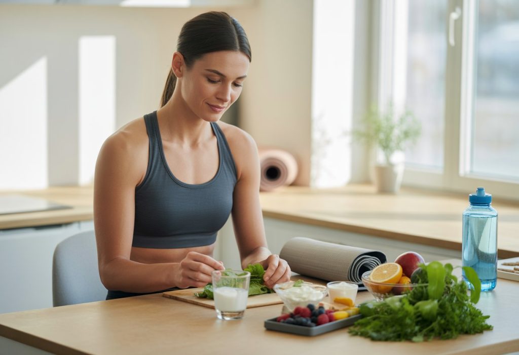 A fit athlete preparing a healthy meal with fresh fruits and vegetables in a bright kitchen, surrounded by fitness items.