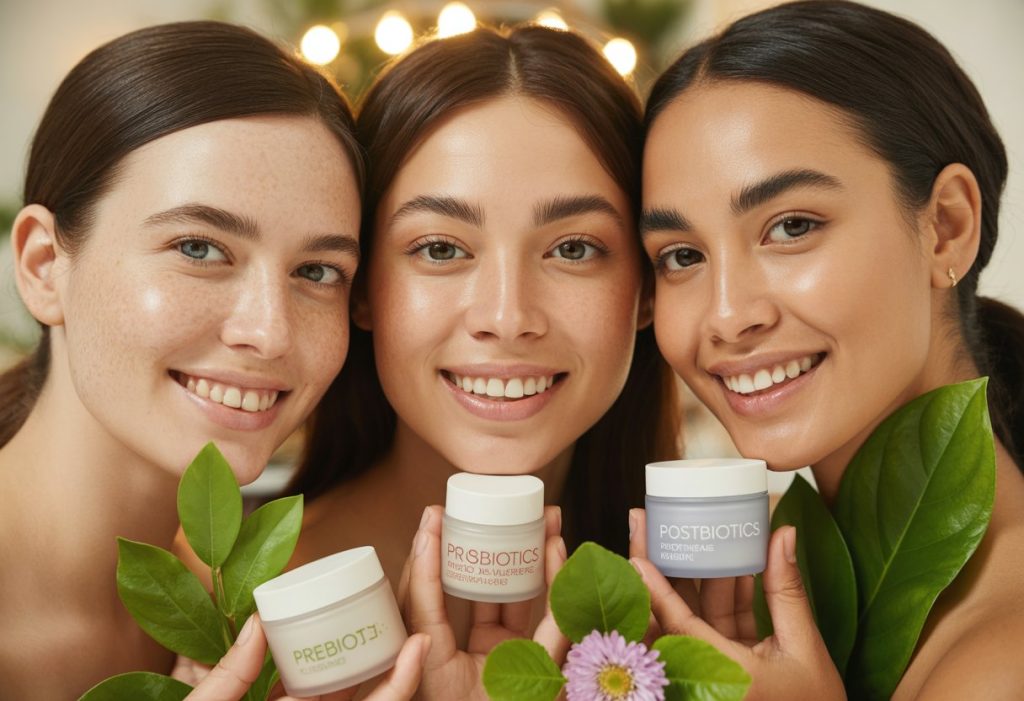 Three women with clear skin smiling gently, surrounded by natural skincare elements like leaves and flowers.