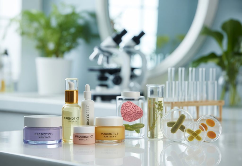 A bathroom countertop with skincare products and glass containers showing representations of good bacteria, with plants and scientific equipment in the background.