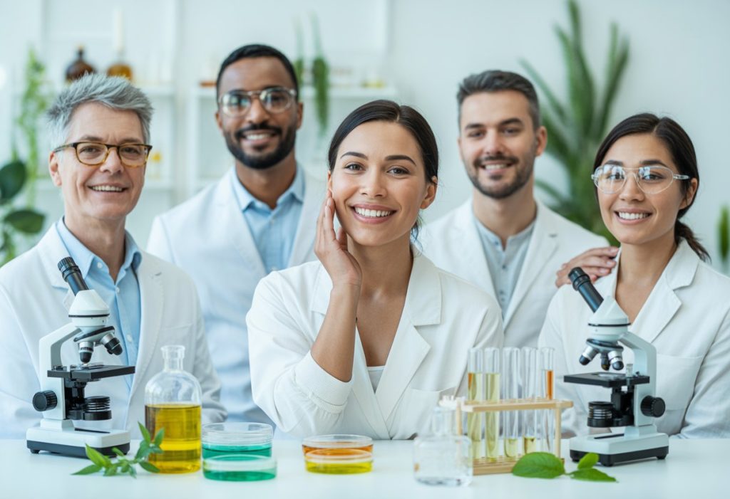 A group of people with clear skin in a bright skincare lab, with scientific equipment and plants around them.