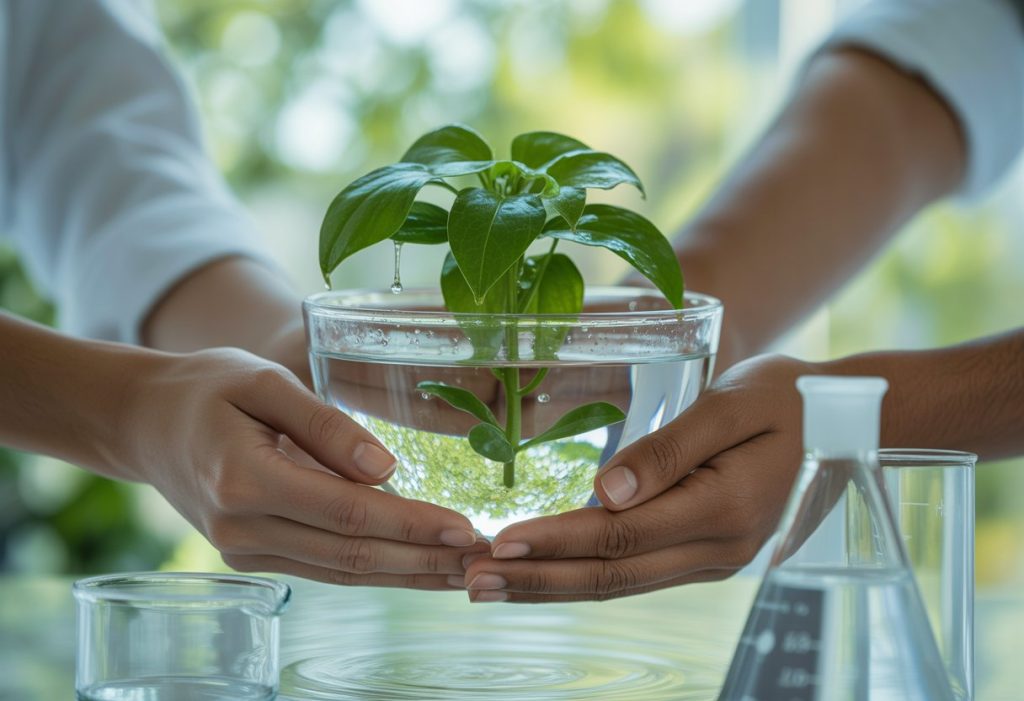 Close-up of diverse hands holding a glass bowl with a green plant and water droplets, with scientific glassware in the background.