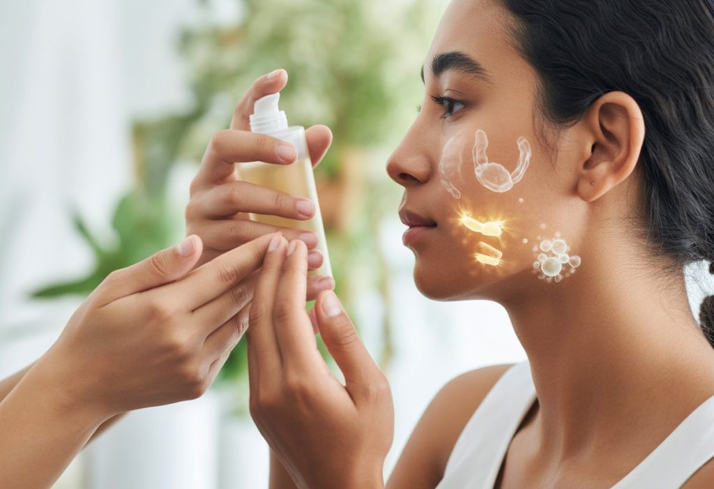 Close-up of hands applying microbiome-friendly clean skincare serum on healthy skin with abstract glowing shapes representing skin microbiome around it.