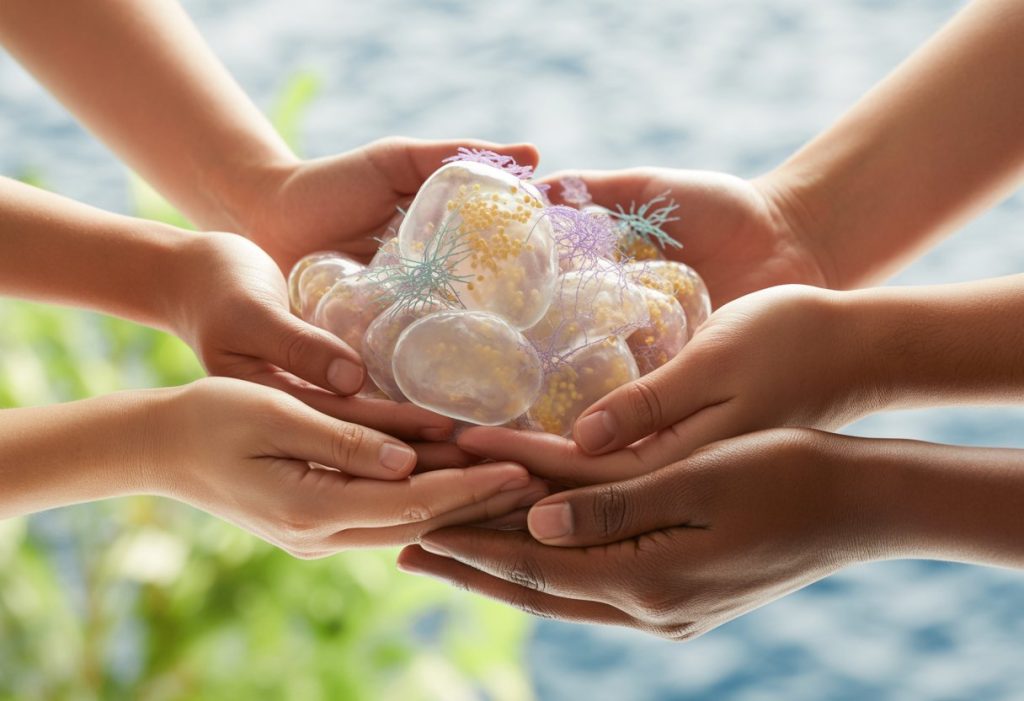 Close-up of hands holding glowing skin cells with tiny colourful microbiome elements, symbolising skin health and balance.