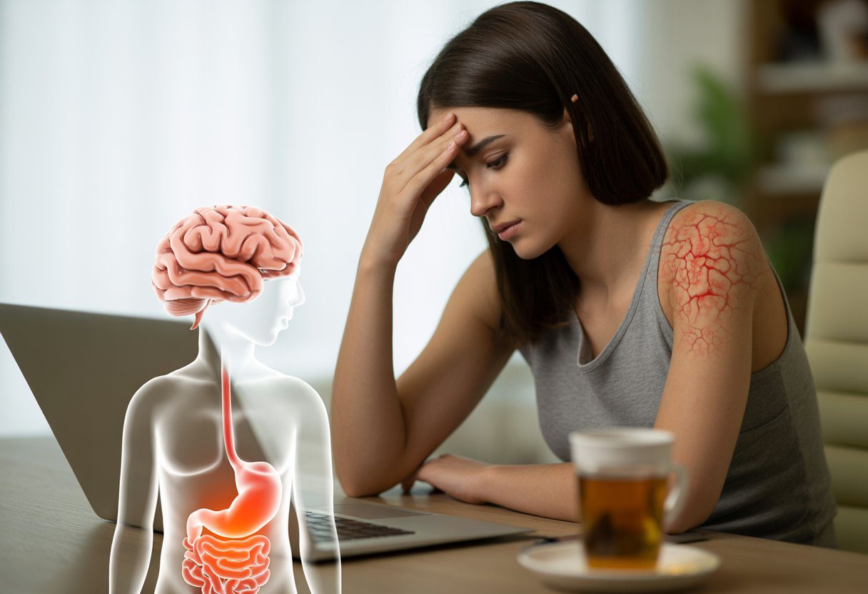 A young adult at a desk looking concerned, with overlays showing a brain, a glowing belly area, and skin breakouts on the face and shoulders due to stress.