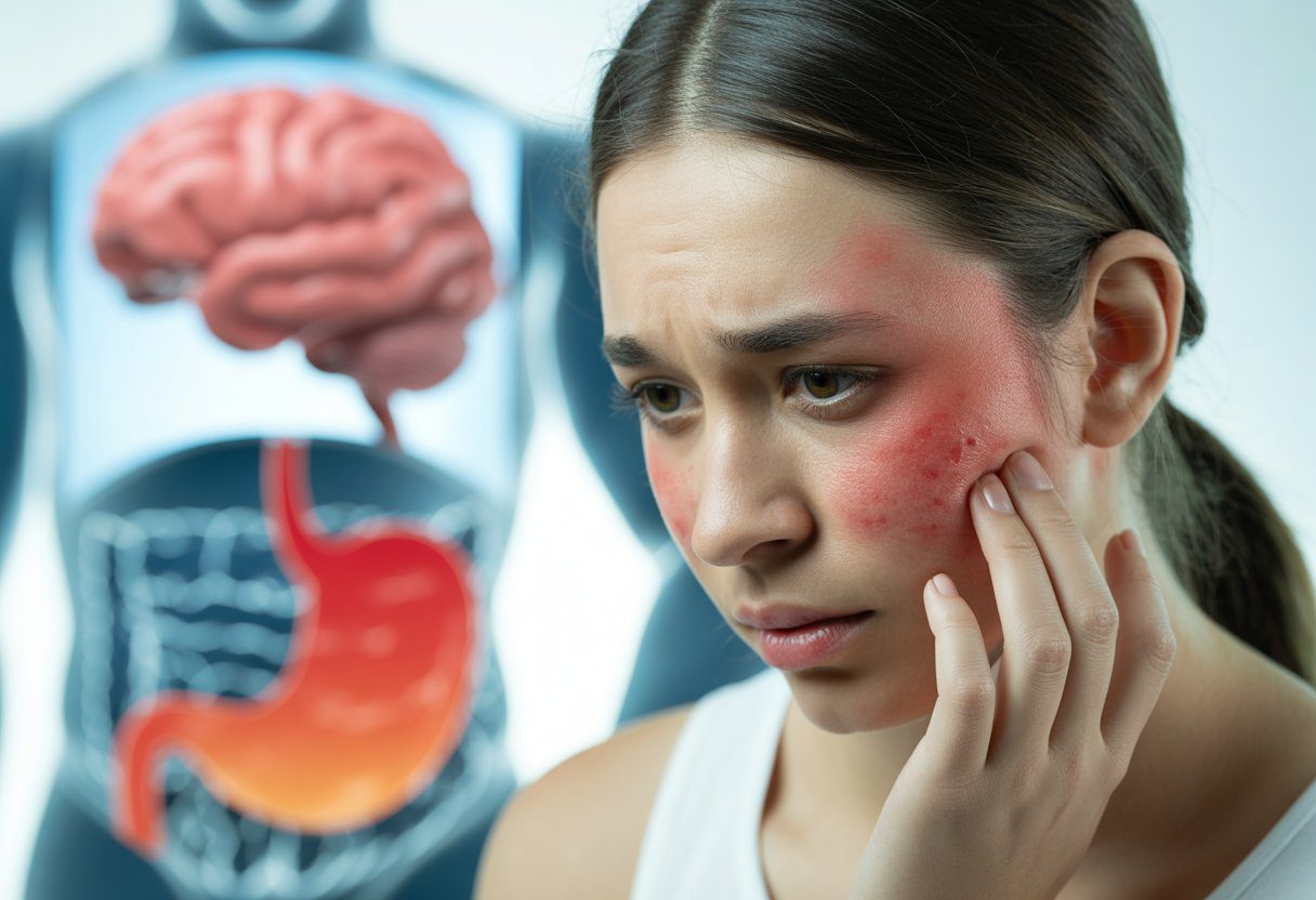 A young woman with facial redness and breakouts touching her cheek, with faint images of a brain and stomach in the background.