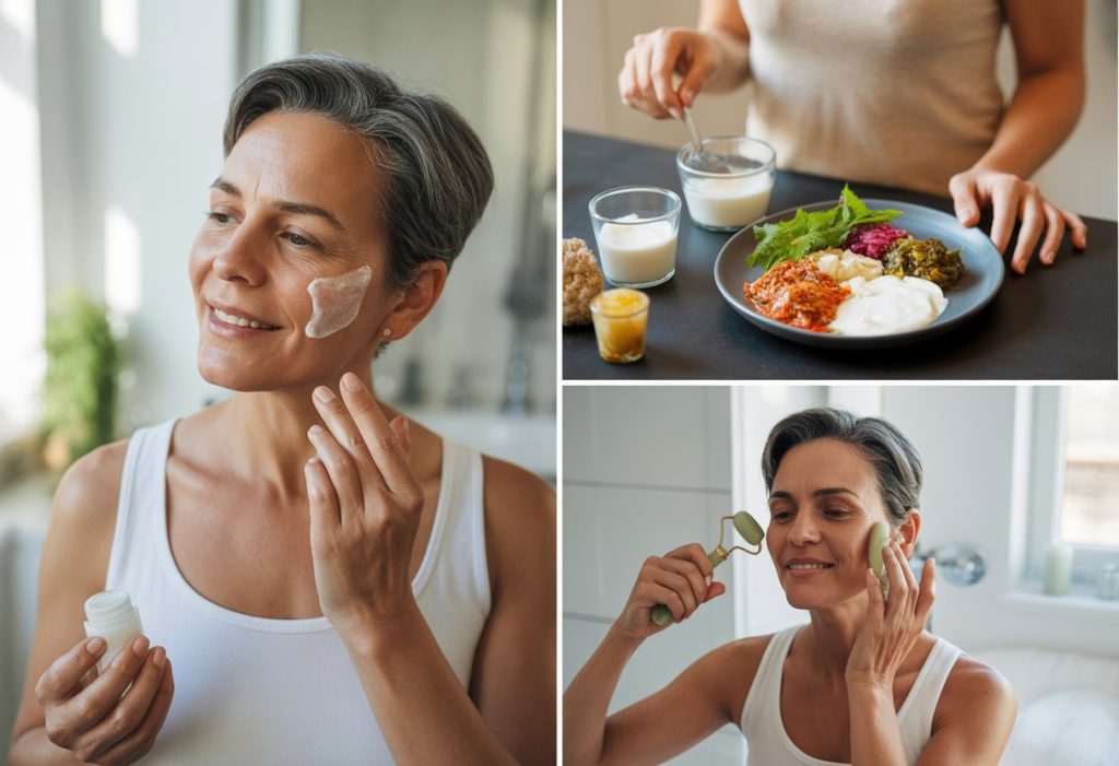 A middle aged person applying facial serum in the morning, a healthy meal with probiotic foods at midday, and a gentle facial massage with a jade roller in the evening.
