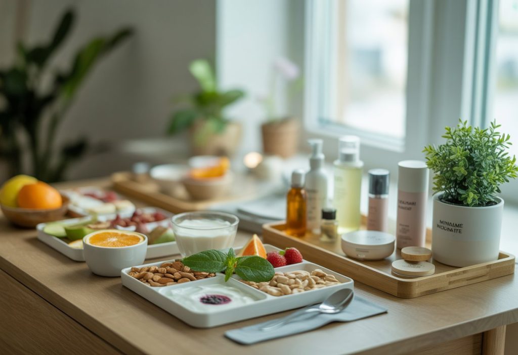 A breakfast table with healthy food and natural skincare products arranged neatly in soft natural light.
