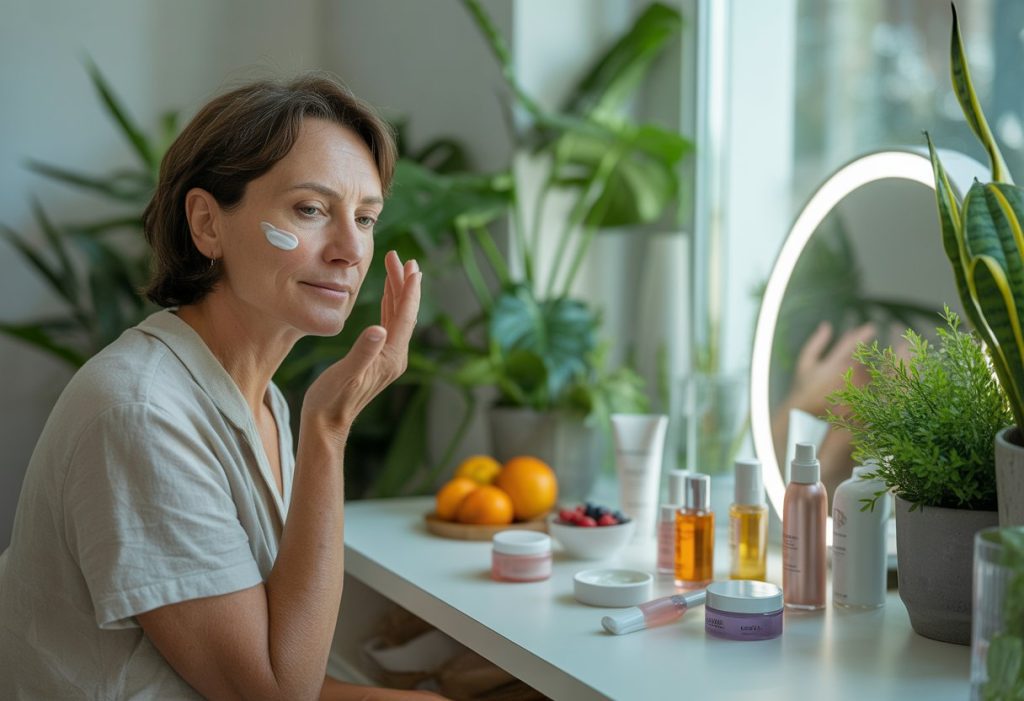A person applying cream to their face at a bright vanity with skincare products, fresh fruits, and plants nearby.