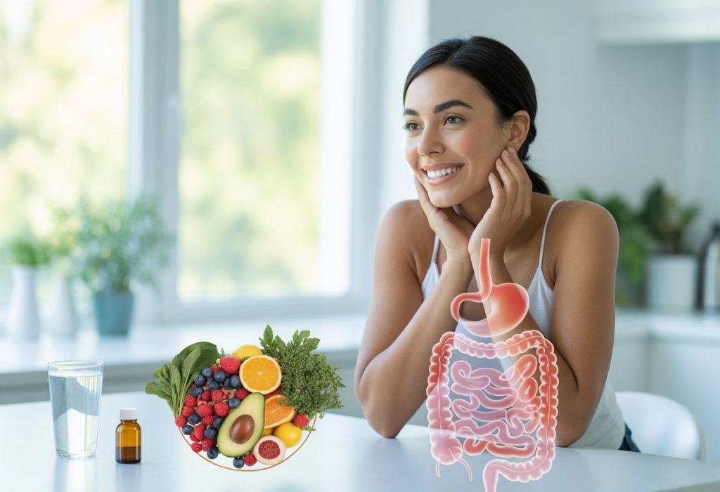 A smiling woman with clear skin sitting at a kitchen table with a bowl of fresh fruits and vegetables, a glass of water, and a bottle of probiotics, with natural daylight coming through a window, she's clearly had a glow up.