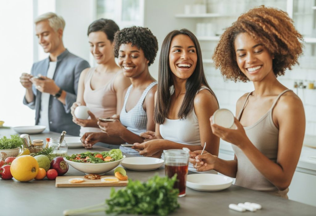 People preparing and enjoying a healthy meal with fresh fruits, vegetables, and probiotic foods in a bright kitchen, showing glowing skin and happy expressions.