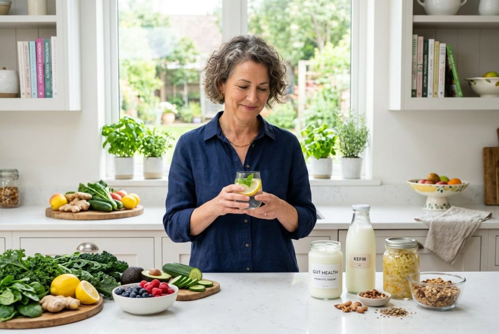 A middle-aged woman contemplating menopause in a bright kitchen holding a glass of water with fresh fruits and probiotic foods on the countertop.