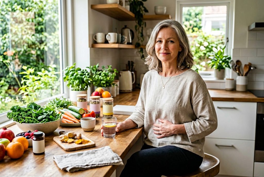 A mature woman sitting in a bright kitchen surrounded by fresh fruits and vegetables, gently touching her abdomen with a calm expression.