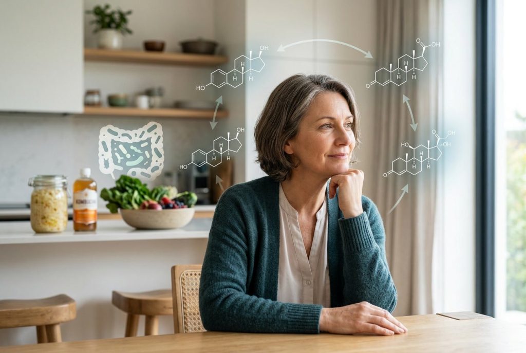A middle-aged woman sitting thoughtfully in a bright room with subtle graphics representing hormones and gut health around her.