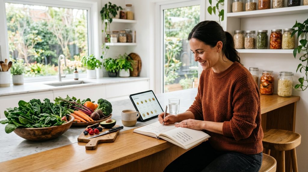 Woman writing ingredients into a notebook