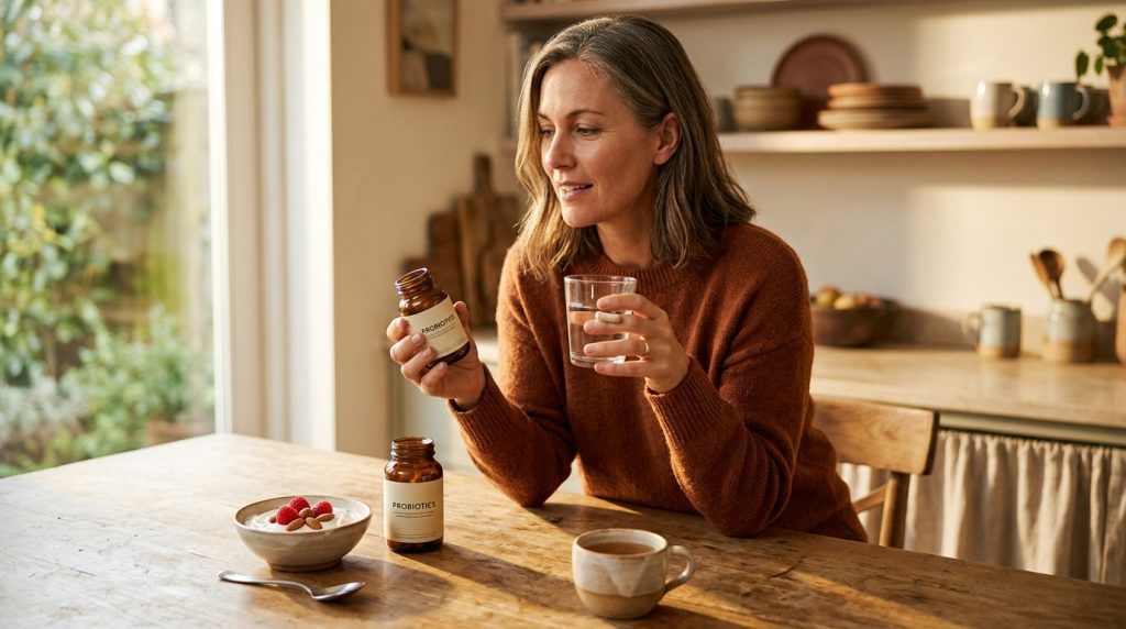 Woman over 40 taking probiotics with water
