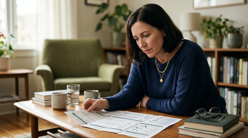 Woman reading information about probiotics