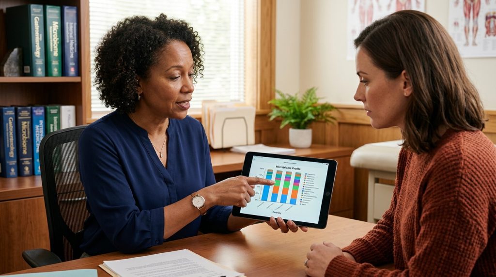 consultant explaining a microbiome profile to a female patient