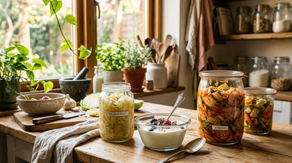 jars of Sauerkraut and Kimchi