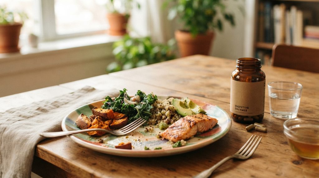 Plate of salmon and vegetables