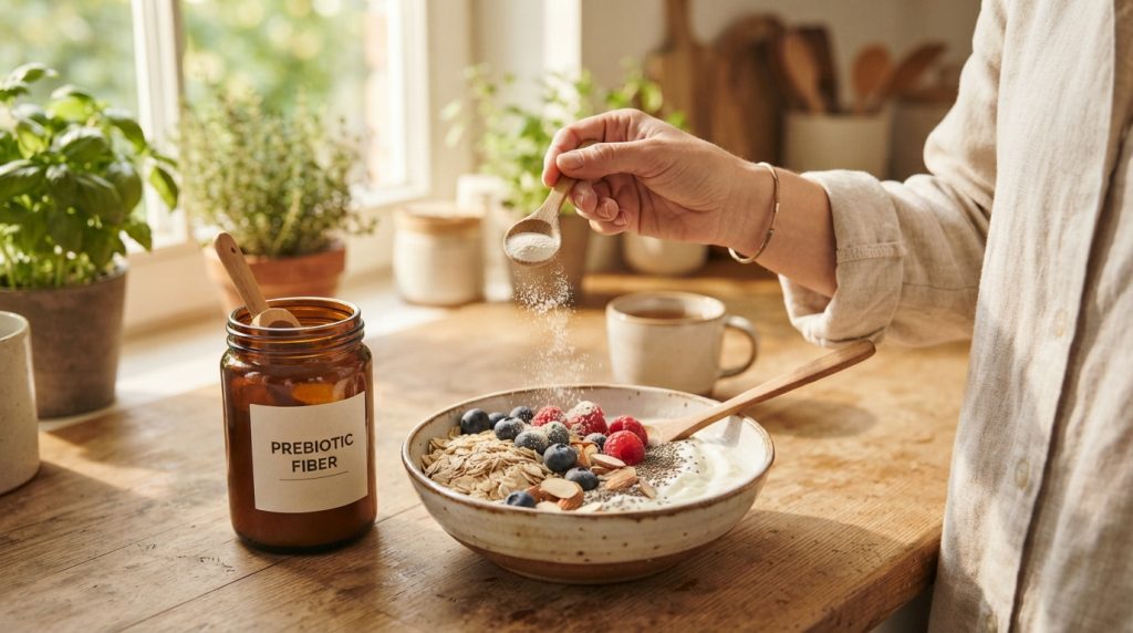 person adding prebiotic fibre to a breakfast bowl of fruit and yoghurt