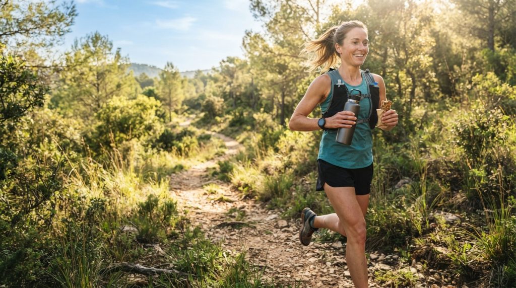 female runner carrying a water bottle