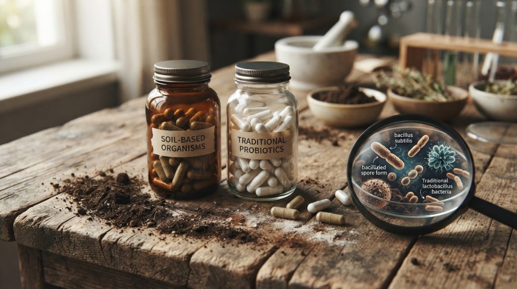 Two jars containing soil-based organisms and traditional probiotics
