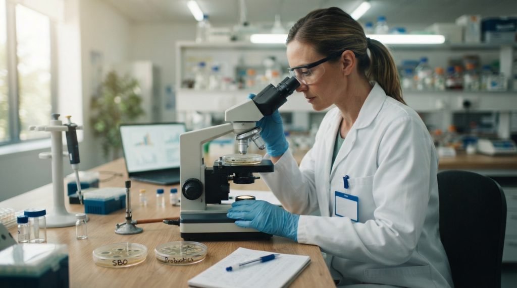 Laboratory technician looking at a sample through a microscope