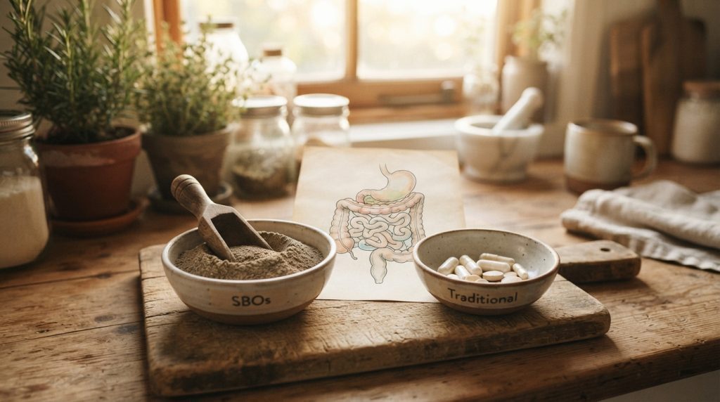 2 bowls containing soil based organisms and traditional probiotics near a picture of the digestive system