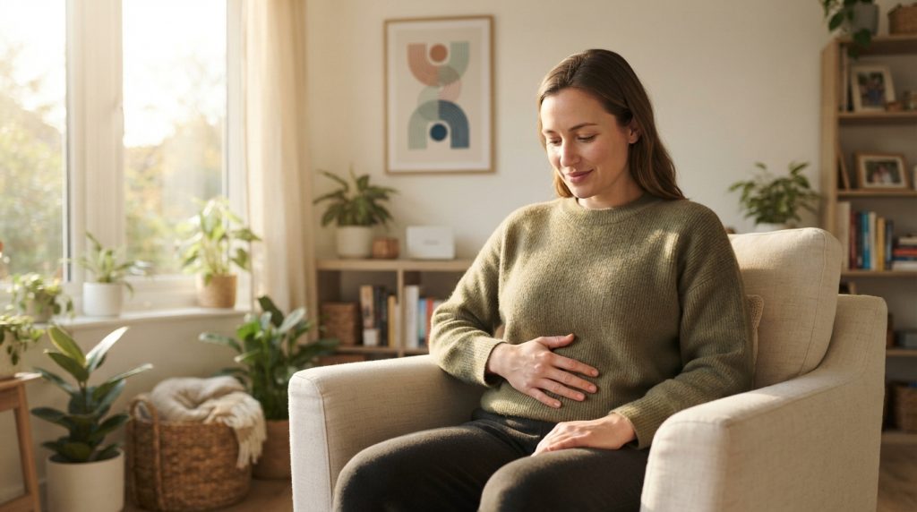 Woman smiling with one hand on her abdomen