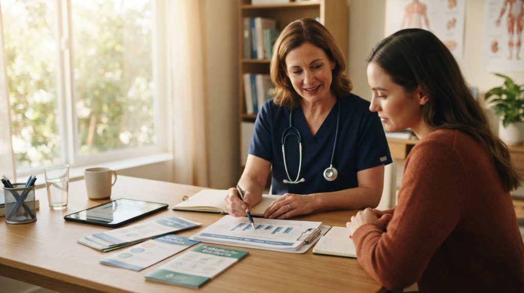 Health worker explaining Probiotic strains for IBS to a patient