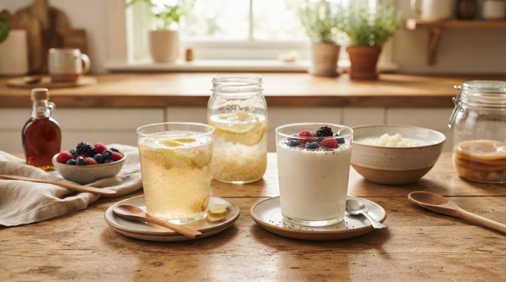 Two clear glasses of water kefir and creamy milk kefir sit side by side on a sunlit kitchen table, with their ingredients