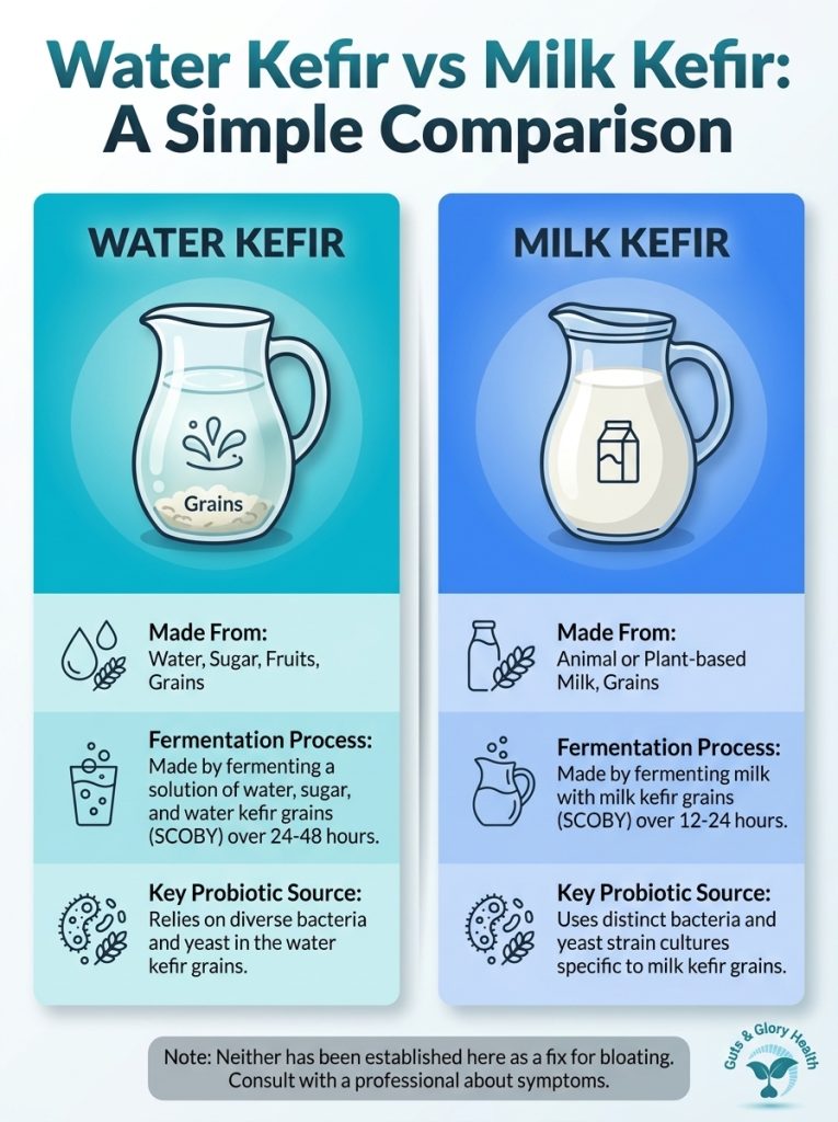 Water kefir vs. milk kefir comparison infographic showing key differences and bloating considerations